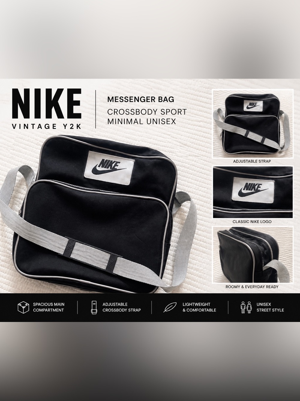 Nike Vintage Y2K Black Messenger Bag Crossbody Sport Minimal Unisex